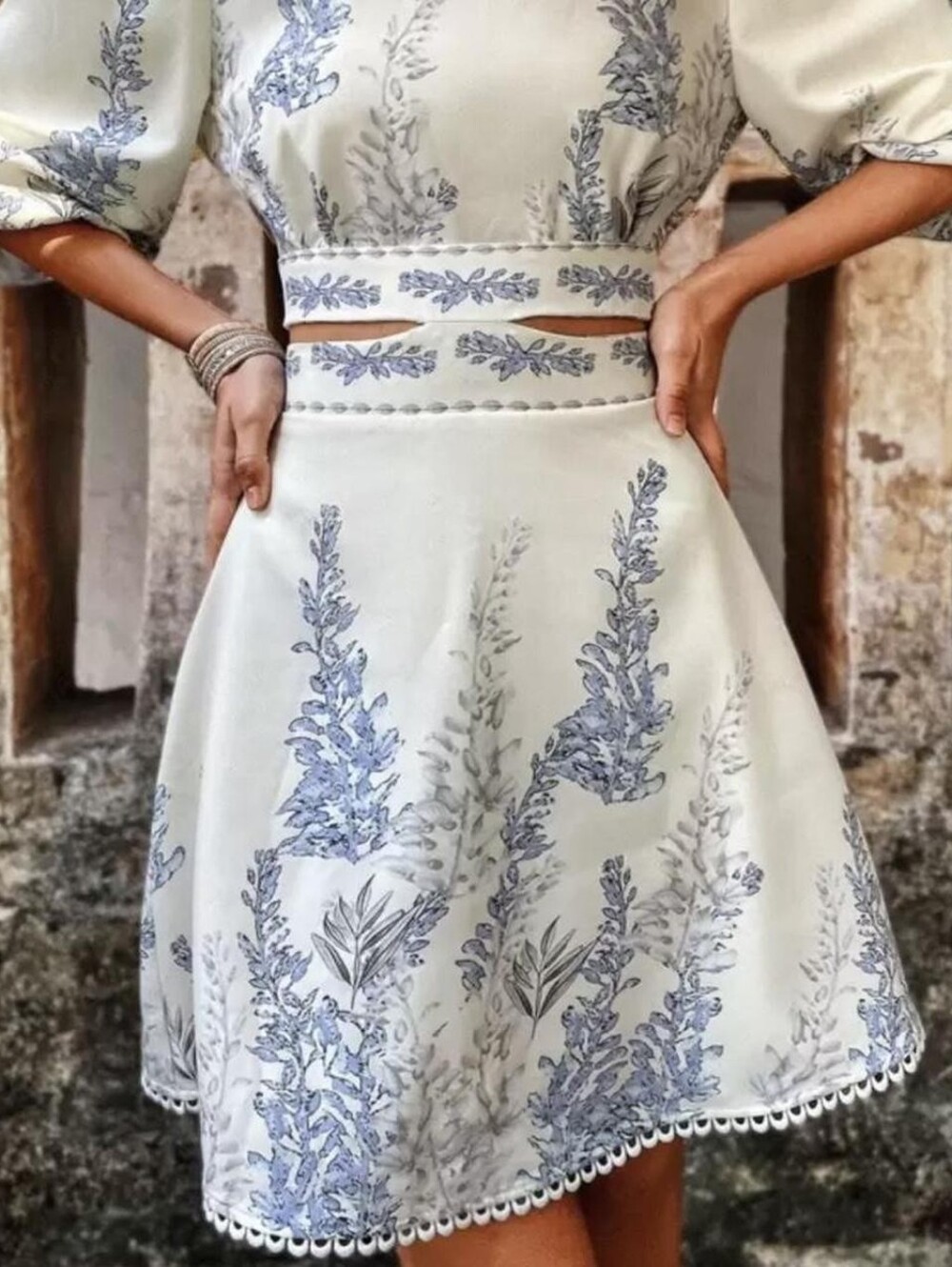 Ivory Floral Puff-Sleeve Midi Dress with Blue Print